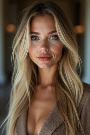 Portrait of a beautiful blonde woman in a beige coat.の素材