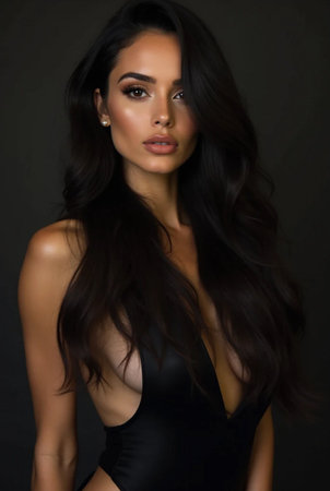 Beautiful petite Eurasian woman in a black bodysuitの素材