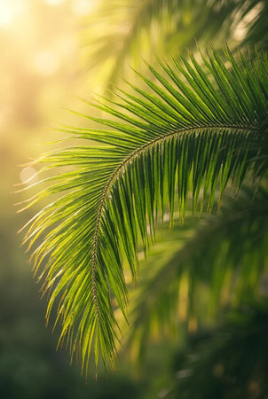 Close up of green palm leaf with sunlight in the morning. Nature backgroundの素材