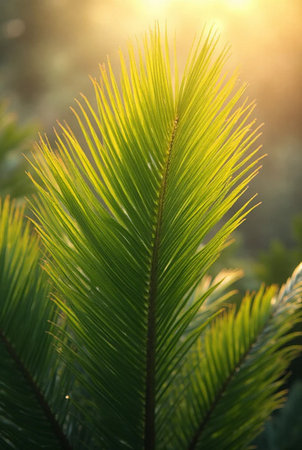 Close up of green palm leaf in the morning light. Nature backgroundの素材