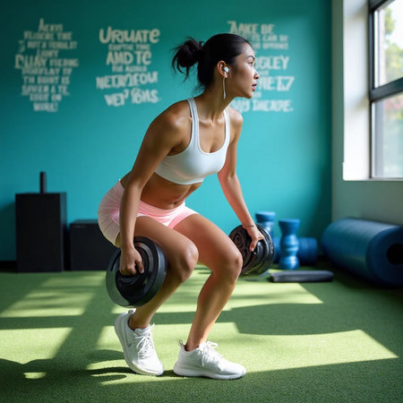Portrait of a fit young woman lifting dumbbells in gymの素材