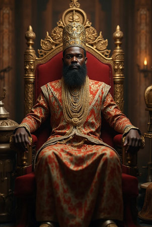 Portrait of a handsome bearded man in the crown sitting in a chairの素材