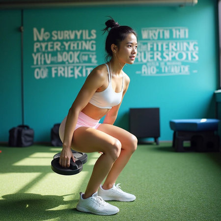 Portrait of a sporty young woman lifting weights in a gymの素材