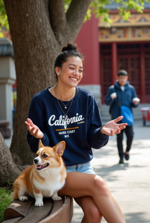 Portrait of a beautiful Asian woman with her Welsh Corgi Pembrokeの素材