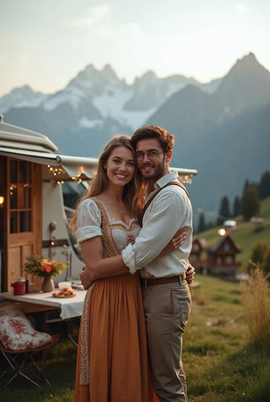 Romantic young couple in front of a camper van at sunsetの素材