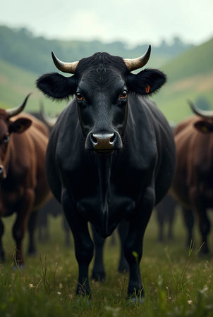 Black cow with horns on a green meadow, close-upの素材