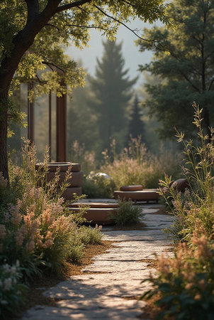 Sunset in the summer garden in the rays of the setting sunの素材