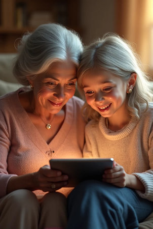 happy mother and daughter with tablet pc computer at home in living roomの素材