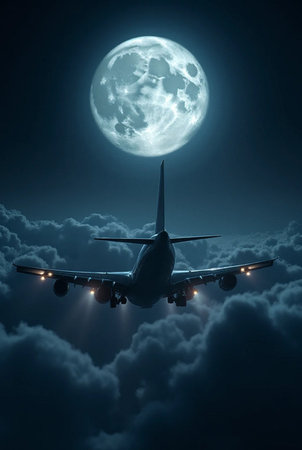 Airplane flying in the night sky with full moon. 3D renderingの素材