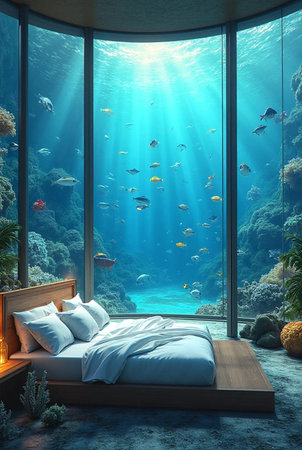 Interior of the bedroom with a view of the sea. 3D renderingの素材