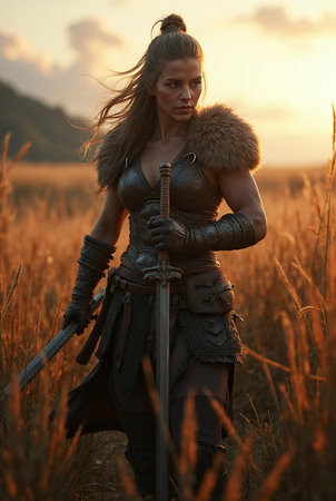 Beautiful viking woman in the field at sunset. Fantasy and fantasy.の素材