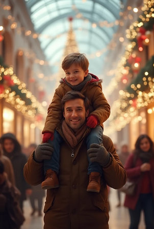Happy father with his son at Christmas market in Moscow, Russia.の素材