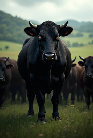 Black cow with horns on a green meadow in the mountains.の素材