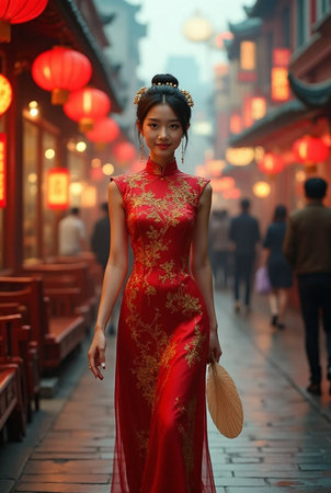 Chinese woman in red cheongsam dress walking in the streetの素材