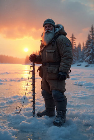 Fisherman with a fishing rod on a frozen lake at sunsetの素材