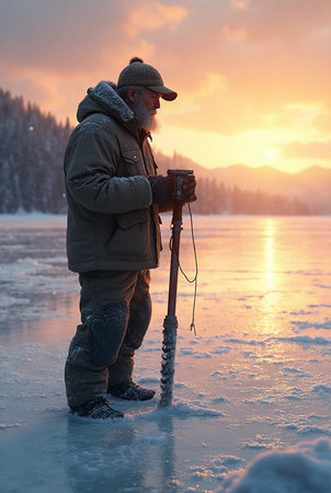 Fisherman with a fishing rod on a frozen lake at sunsetの素材