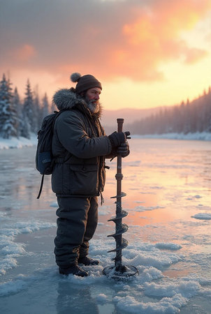 Hiker on a lake frozen at sunset. Man with a backpack on his back stands on a frozen lake.の素材