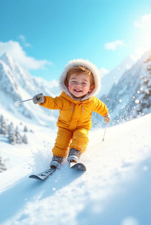 Cute little boy skiing in the mountains on sunny day. Winter vacationの素材
