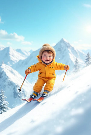 Child skiing in the mountains at sunny day. Winter vacation concept.の素材