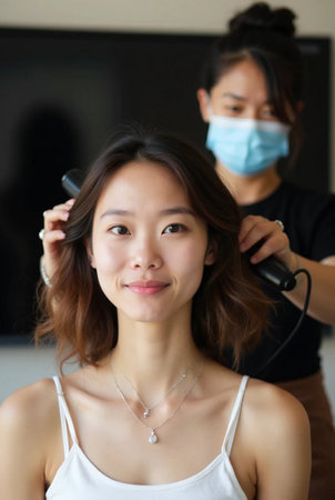 Portrait of beautiful Asian woman getting her hair cut at beauty salonの素材