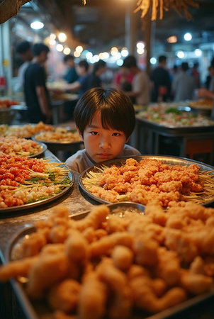 Asian little boy eating fried chicken at street food market in Bangkok, Thailandの素材