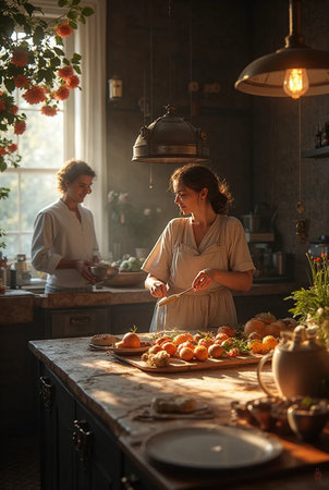 Mature woman preparing fruit salad in the kitchen with her adult daughterの素材