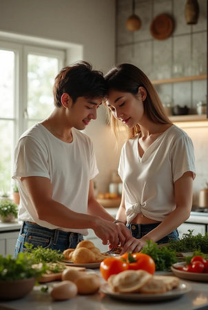 Young Asian couple cooking together in the kitchen at home. Healthy food concept.の素材