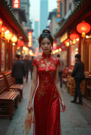 Beautiful Chinese woman in traditional red dress walking in Shanghai, Chinaの素材