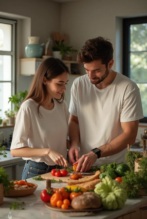 Young couple cooking together in the kitchen at home. Healthy food, diet and people concept.の素材