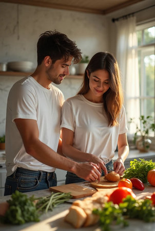 Beautiful young couple cooking together in the kitchen at home. Healthy food, diet and people concept.の素材