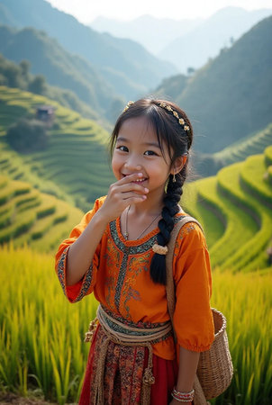 Beautiful little asian girl on terraced rice field in Mu Cang Chai, Yen Bai, Vietnamの素材