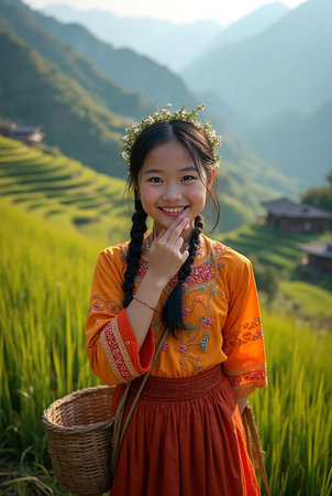 Beautiful asian girl on the rice terraces in Vietnam.の素材