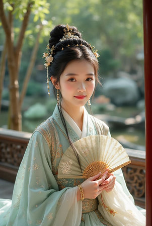 Beautiful asian girl in kimono with fan in templeの素材