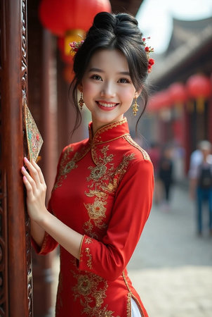 beautiful asian woman wearing cheongsam in chinese templeの素材