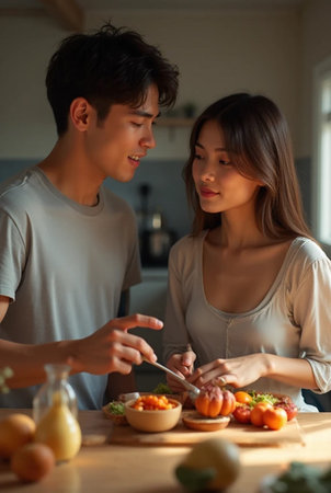 young asian couple cooking together in the kitchen at home, lifestyle people conceptの素材