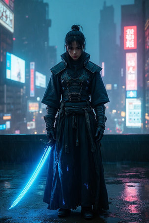 A shot of a female cosplayer in a dark scene with neon lightsの素材