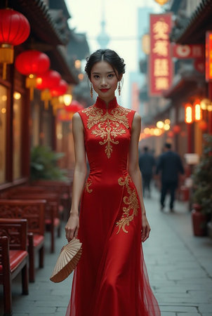 Beautiful Chinese woman in a red dress walking in the street of Chinaの素材