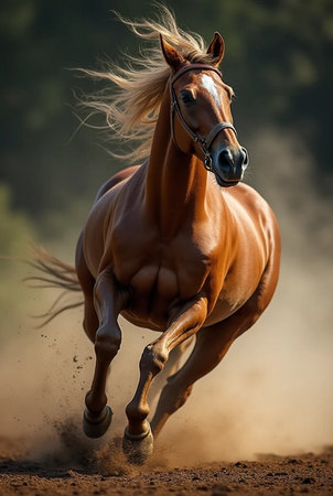 Beautiful bay horse galloping in dust on a sunny day.の素材