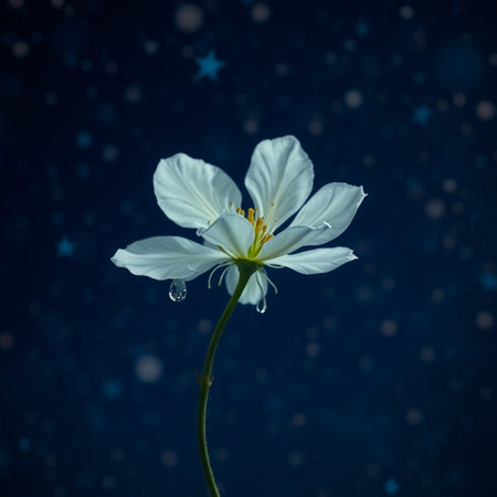 White flower on a dark blue background with stars and bokehの素材