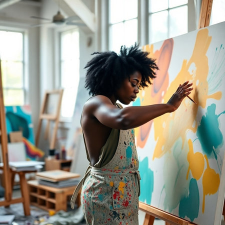 Young african american woman painting on canvas in art studio.の素材