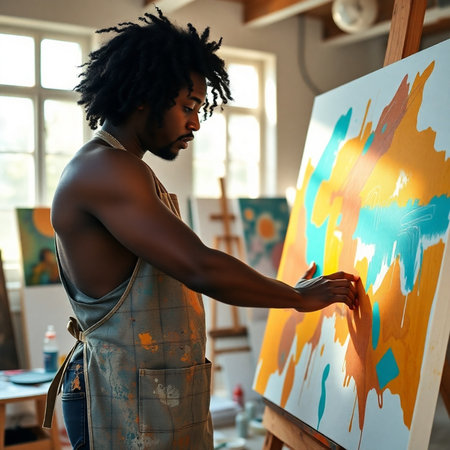 African-american artist painting a picture on easel in his studioの素材