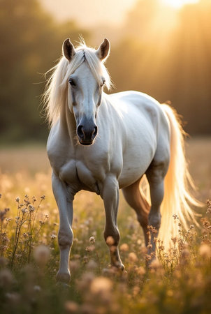 Beautiful white horse with long mane in the field at sunsetの素材