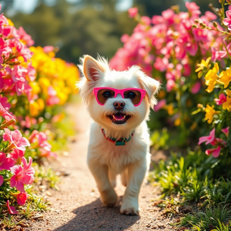 Cute little white chihuahua dog wearing pink sunglasses in flower garden.の素材