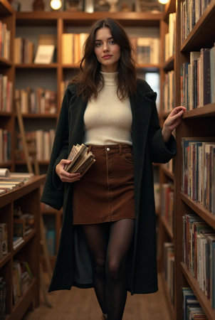 Beautiful girl in a coat and a brown skirt in the libraryの素材