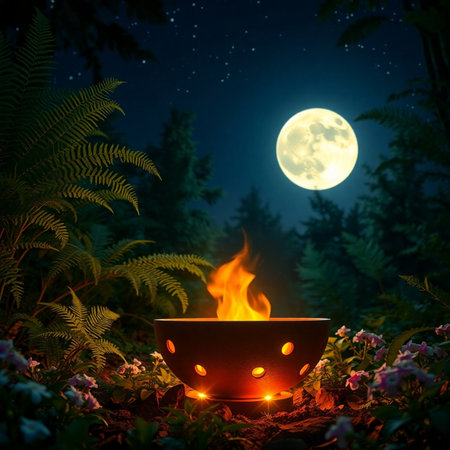 Burning pot on the background of the full moon in the forestの素材