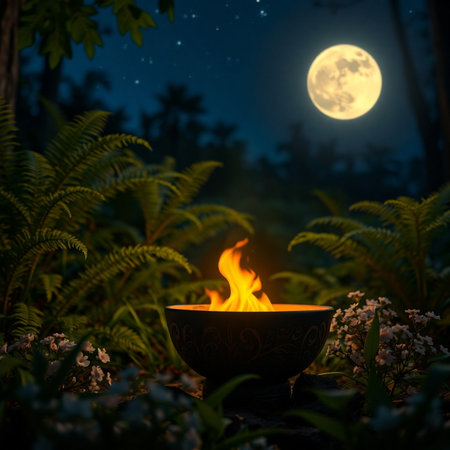 Burning candle in a bowl in the forest with full moon.の素材