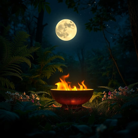 Burning pot in the forest at night with full moon background.の素材
