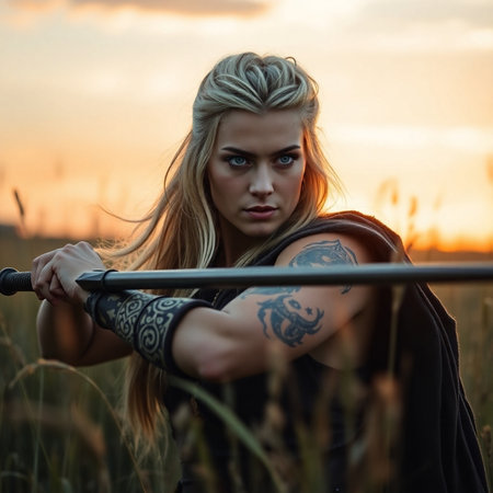 Beautiful girl with a sword in a wheat field at sunset.の素材
