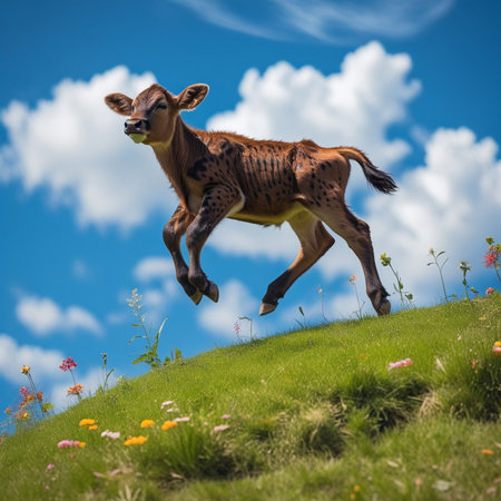 Cute calf jumping on green hill with flowers and blue sky backgroundの素材