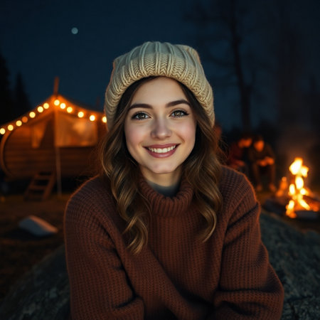 Portrait of a beautiful young woman in a knitted hat and sweater sitting near the campfire at night.の素材